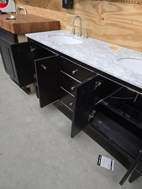 60" Black Double Bowl Vanity with Marble Top and Brushed Nickel Faucets
