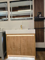 36" Capri Classic Oak Vanity with an Acrylic Basin, Brushed Gold Pfister Faucet, and an *Optional* LED Mirror