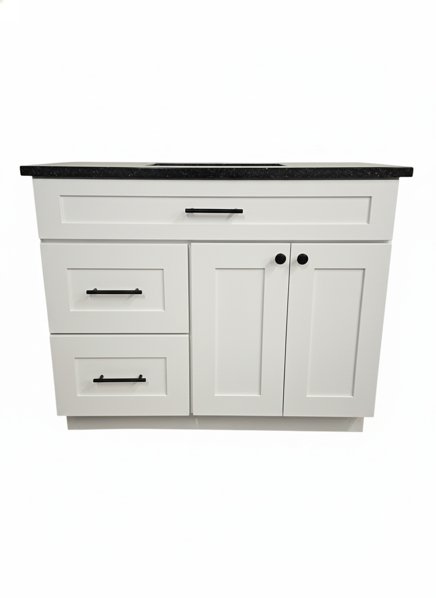 43" White Cab-Tec Vanity with Cambria Polished Black Quartz Top