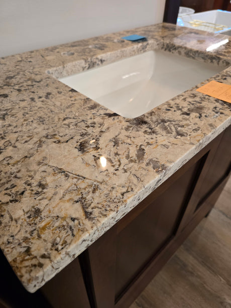 36" Bertch Cherry Vanity with Orion White Granite Top and 18" Linen Tower with Matching Mirror