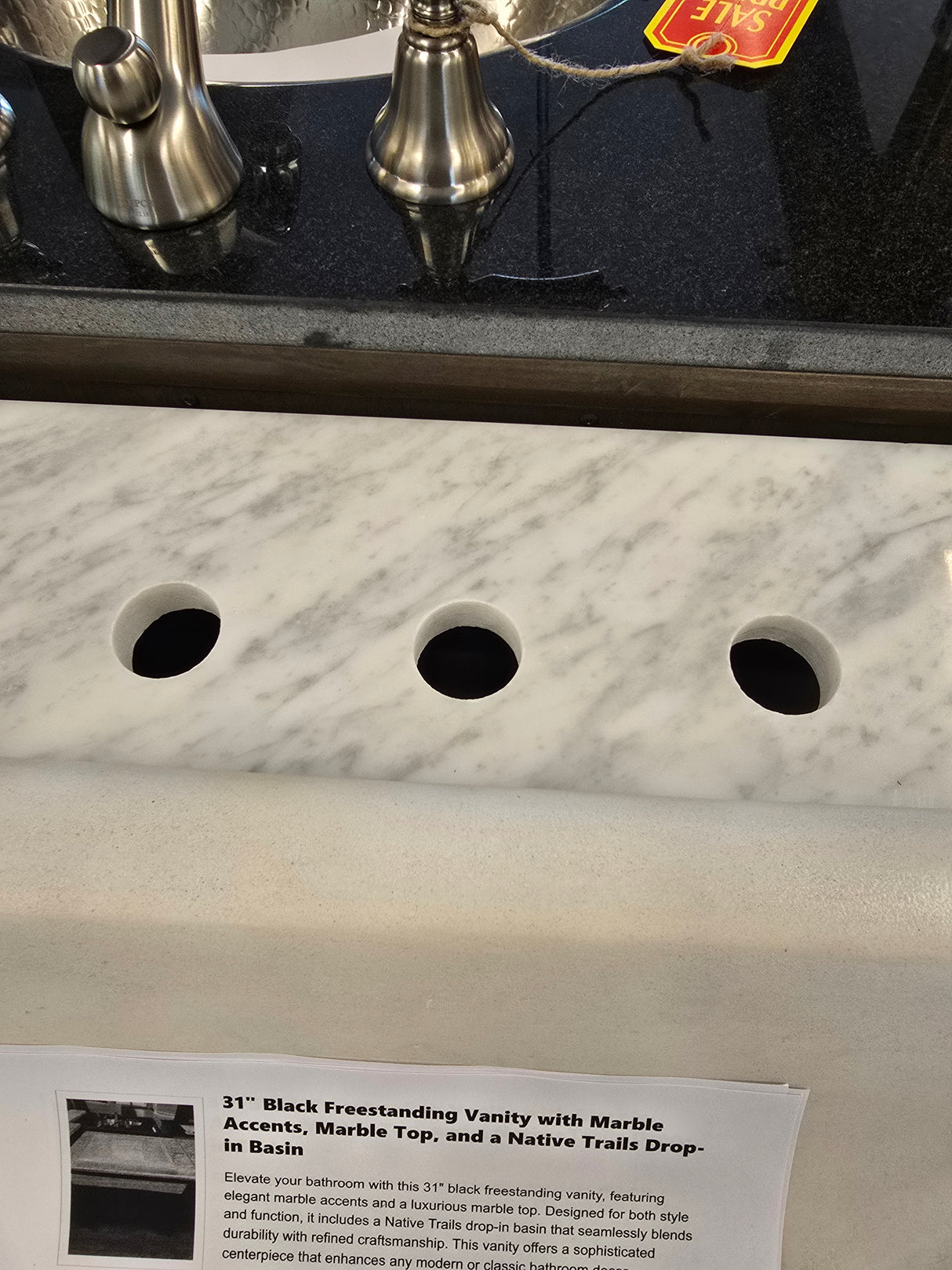 31" Black Freestanding Vanity with Marble Accents, Marble Top, and a Native Trails Drop-in Basin