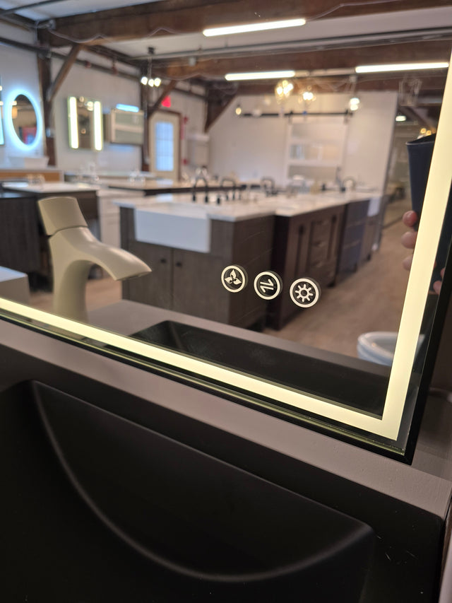 20" Rimini Maple Strip Floating Vanity Set with 14" x 72" matching Wall Panel and a Stellar 18" LED Mirror with Matte Black Frame