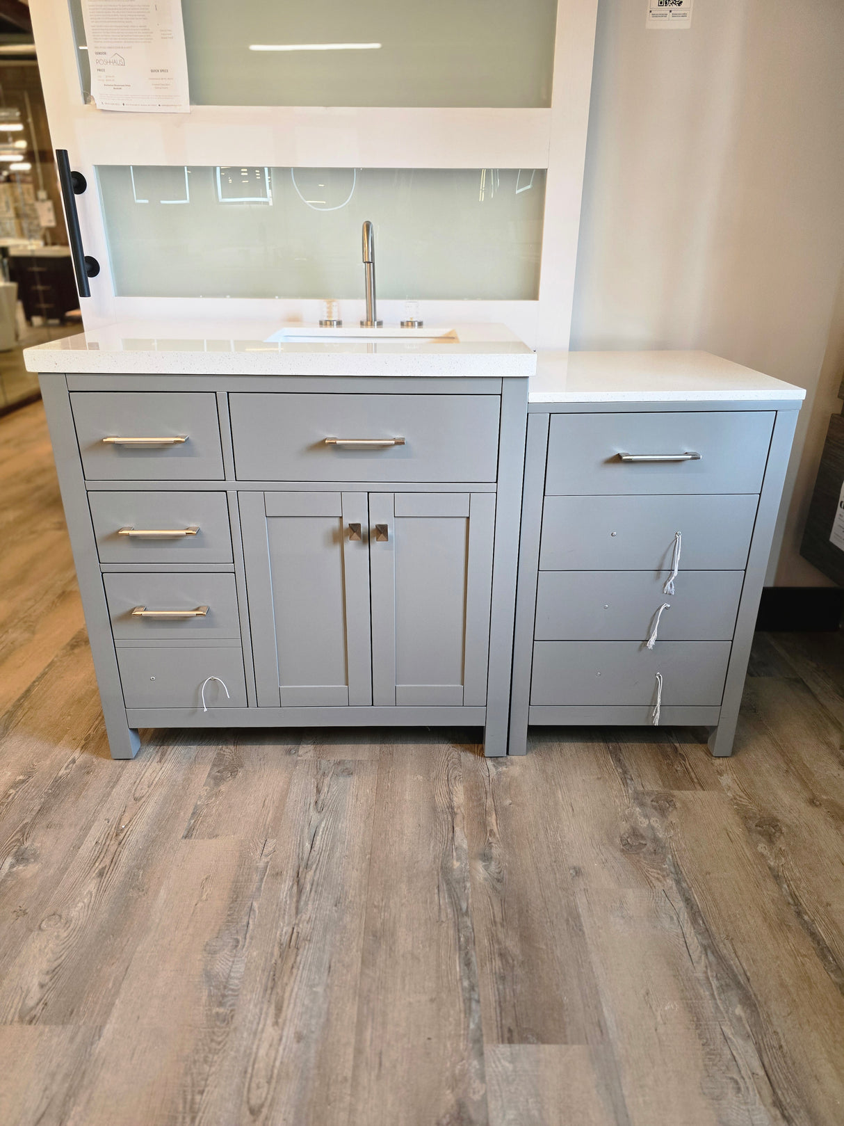 57" Grey Split Vanity Set with Dazzle White Quartz Top and Brushed Nickel Widespread Faucet