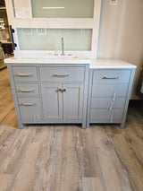 57" Grey Split Vanity Set with Dazzle White Quartz Top and Brushed Nickel Widespread Faucet