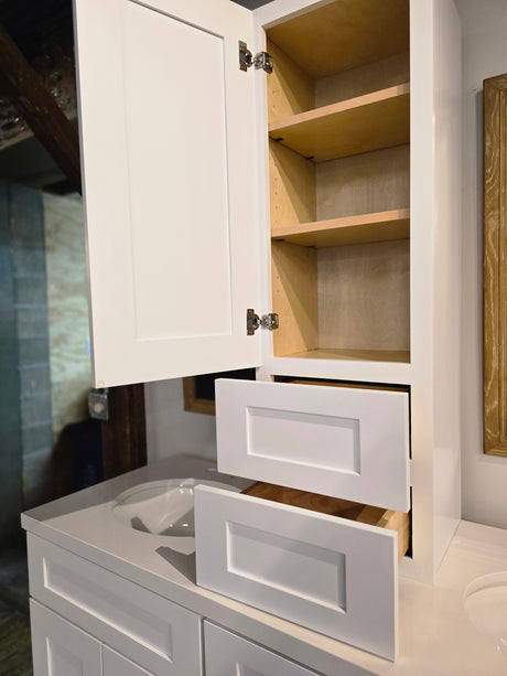 60" Shaker White Double Vanity w/Storage Tower, Quartz Counter & Weathered Oak Mirrors
