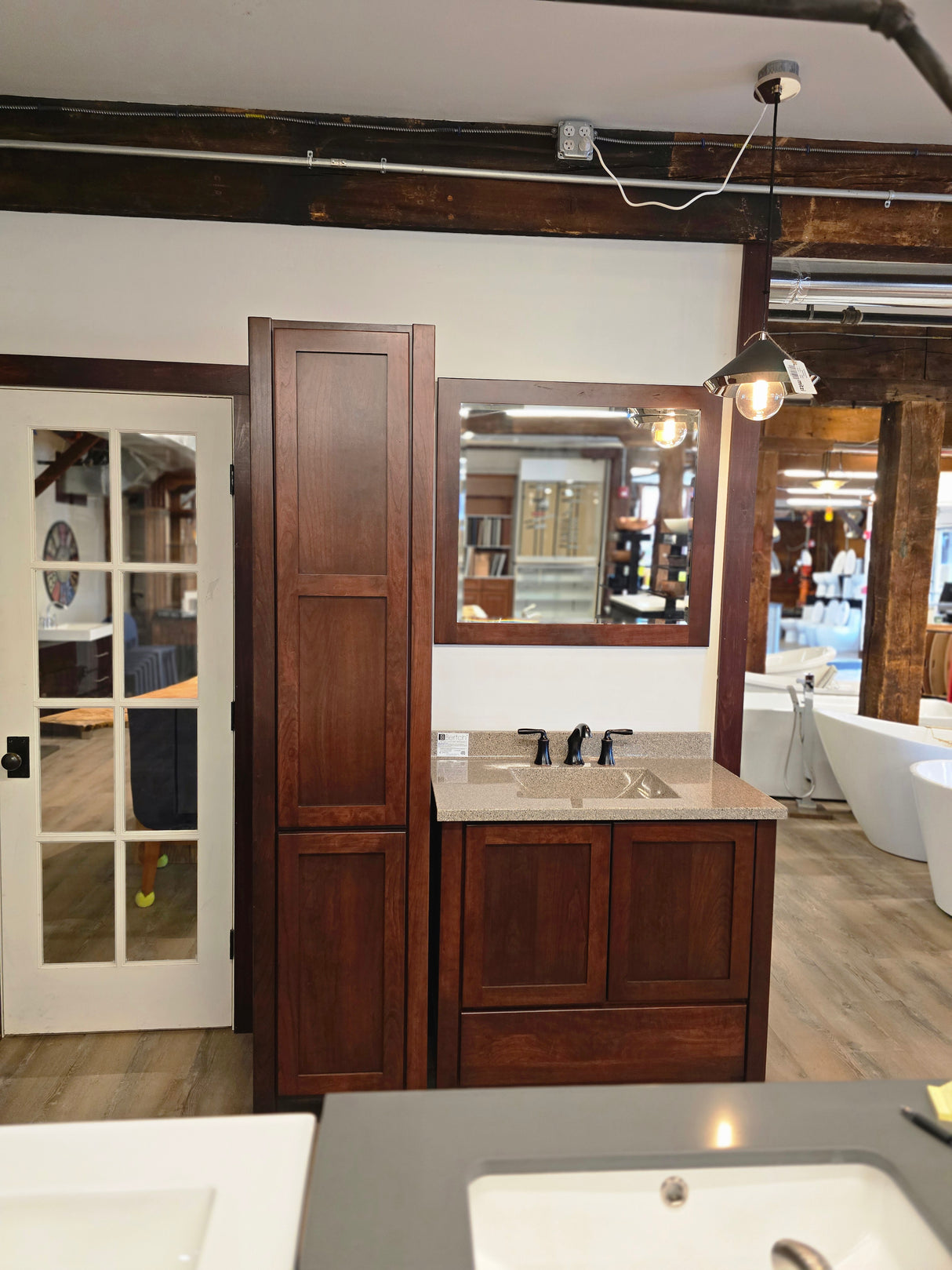36" Wood Vanity with Bertch Top and Black Pfister Faucet with 18" Linen Closet and Matching Mirror