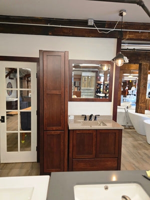 36" Wood Vanity with Bertch Top and Black Pfister Faucet with 18" Linen Closet and Matching Mirror