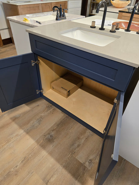 36" Navy Shaker Bathroom Vanity Set with White Quartz Top & Black Widespread Faucet