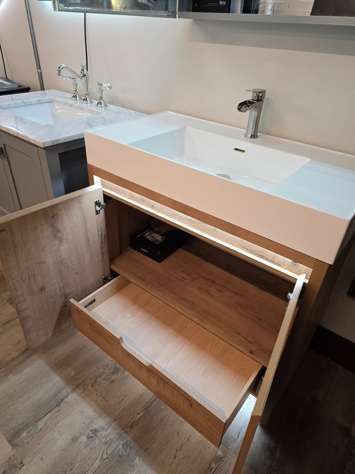 36" Capri Classic Oak Vanity with an Acrylic Basin, Waterfall Faucet, and an *Optional* Asta 30" LED Mirror Medicine Cabinet