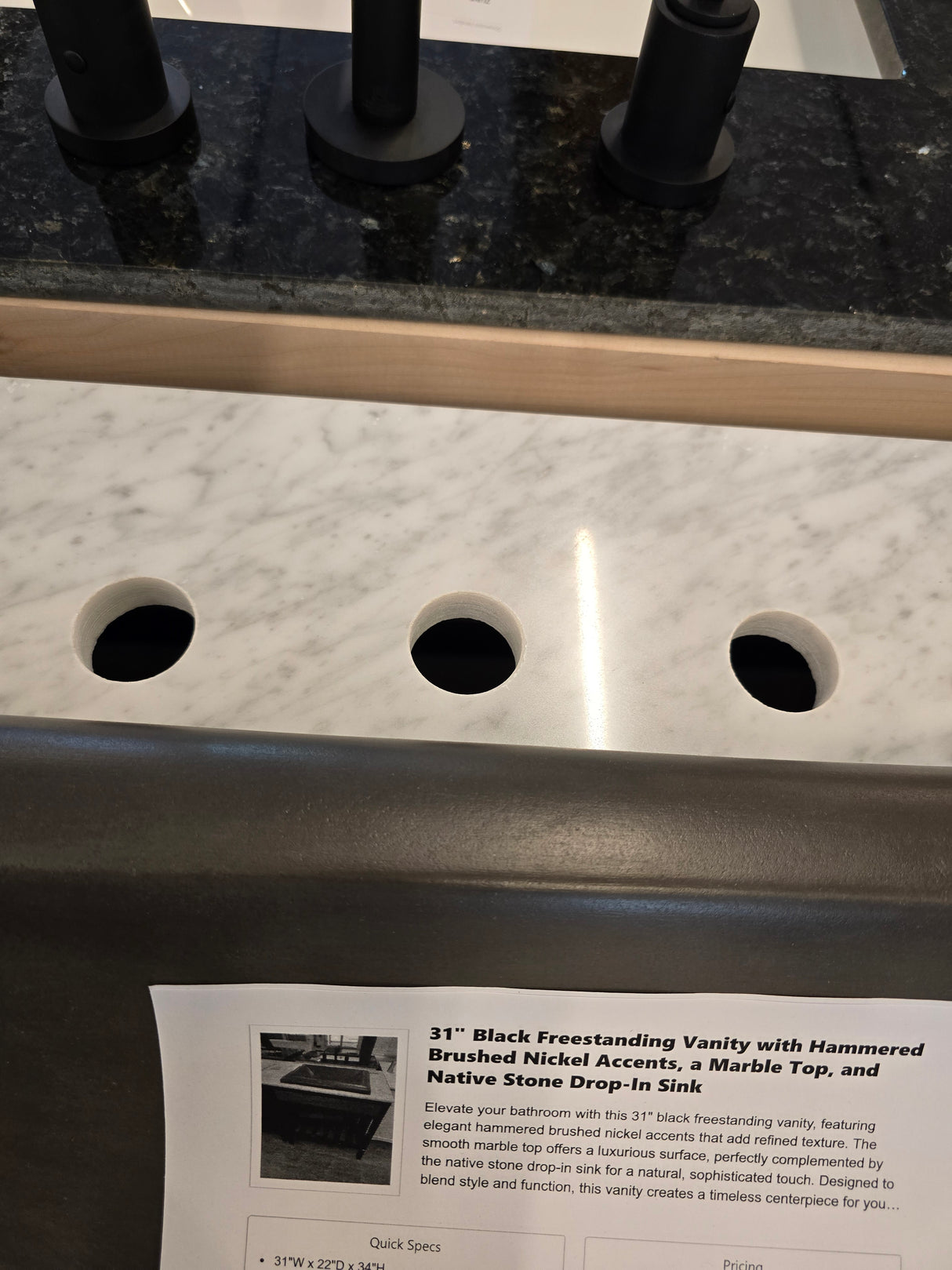 31" Black Freestanding Vanity with Hammered Brushed Nickel Accents, a Marble Top, and Native Stone Drop-In Sink