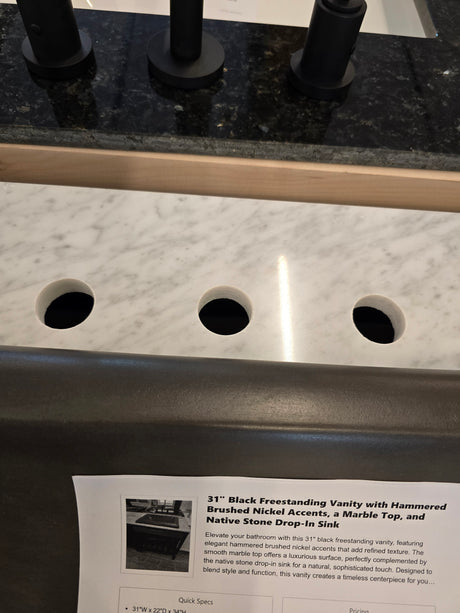 31" Black Freestanding Vanity with Hammered Brushed Nickel Accents, a Marble Top, and Native Stone Drop-In Sink