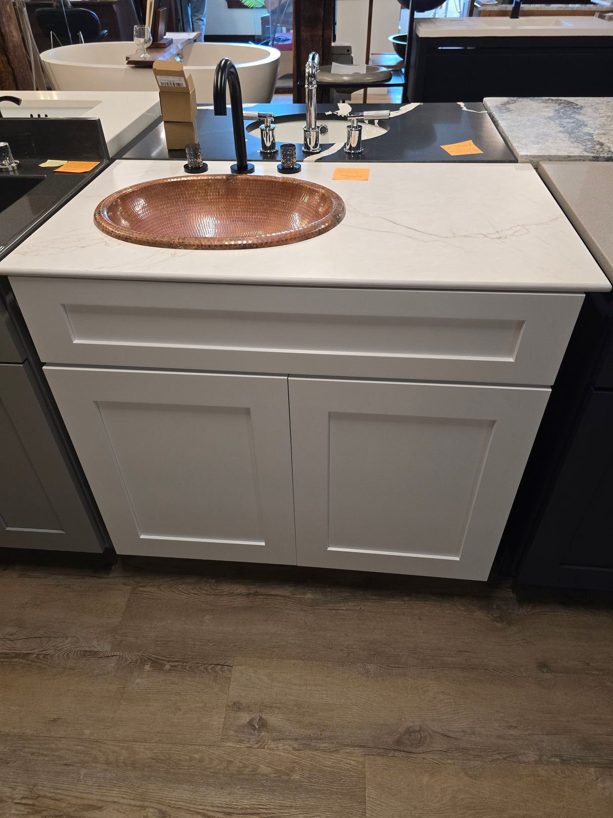 36" Cab-Tec Shaker White with Thinscape Top and Copper Sink with Black Faucet