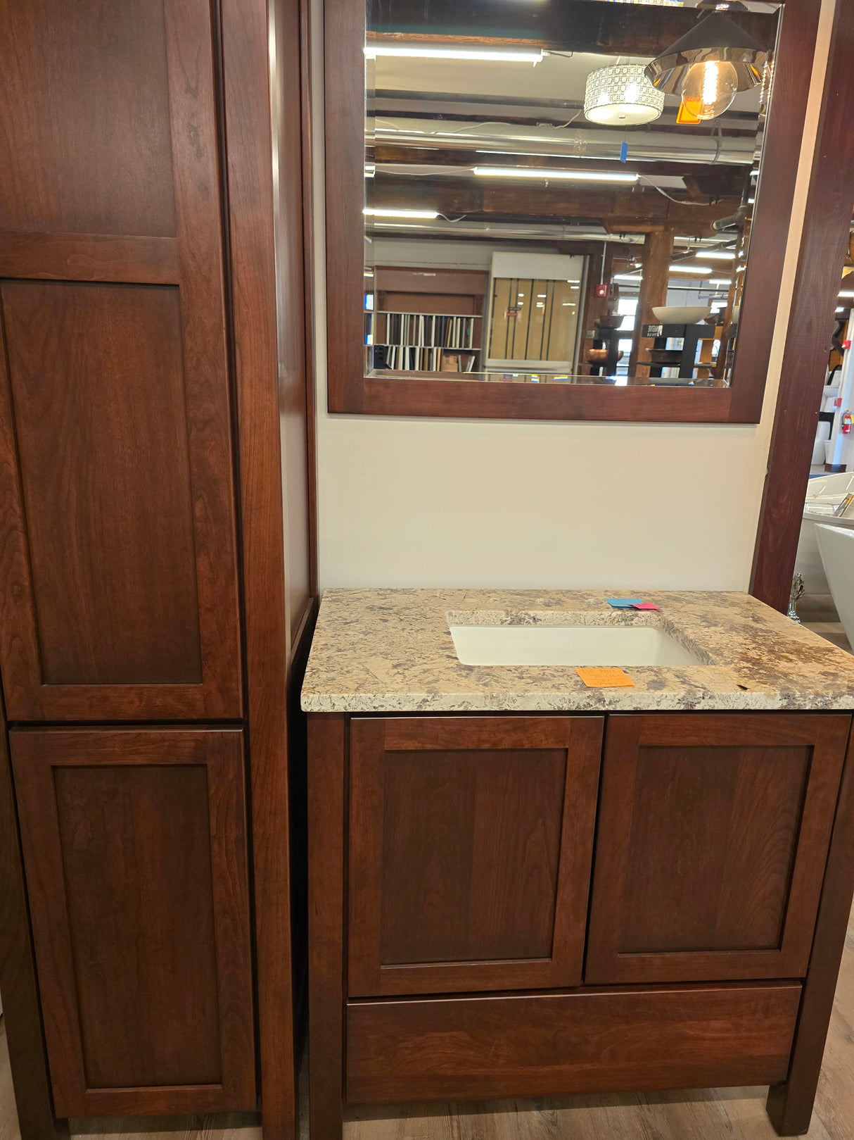 36" Bertch Cherry Vanity with Orion White Granite Top and 18" Linen Tower with Matching Mirror