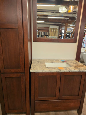 36" Bertch Cherry Vanity with Orion White Granite Top and 18" Linen Tower with Matching Mirror