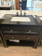 37" Black Open Shelf Vanity Set with Black Granite Vanity Top with Matte Black, Textured Faucet