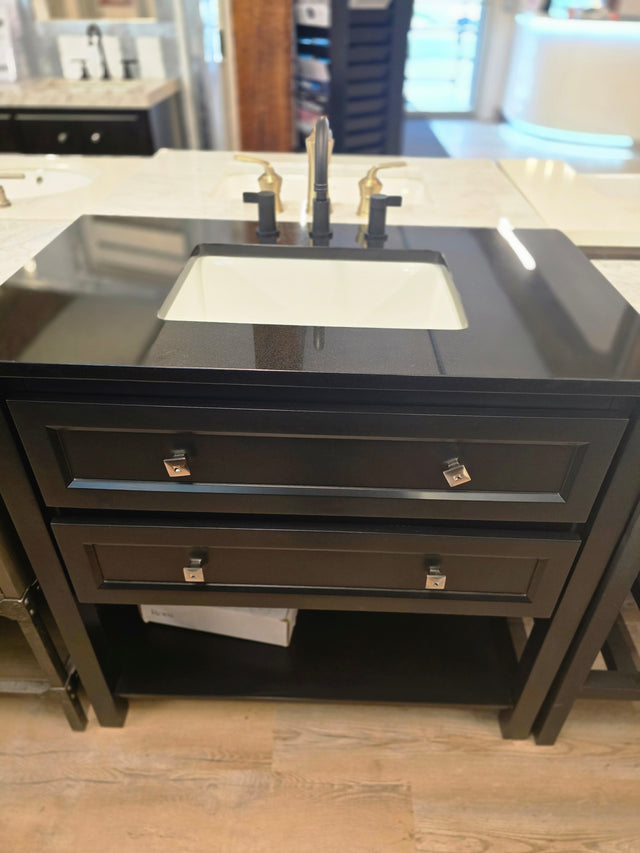 37" Black Open Shelf Vanity Set with Black Granite Vanity Top with Matte Black, Textured Faucet