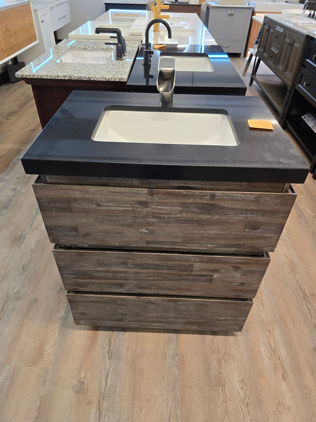 30" Dark, Natural Wood Vanity Set with Black Granite Top and Brushed Nickel Waterfall Faucet
