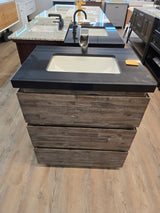 30" Dark, Natural Wood Vanity Set with Black Granite Top and Brushed Nickel Waterfall Faucet