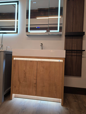 36" Capri Classic Oak Vanity with an Acrylic Basin, Waterfall Faucet, and an *Optional* Asta 30" LED Mirror Medicine Cabinet