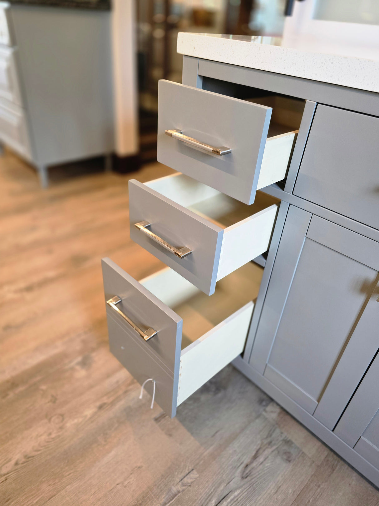 57" Grey Split Vanity Set with Dazzle White Quartz Top and Brushed Nickel Widespread Faucet