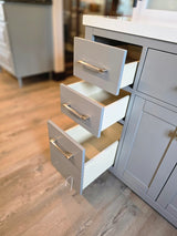 57" Grey Split Vanity Set with Dazzle White Quartz Top and Brushed Nickel Widespread Faucet