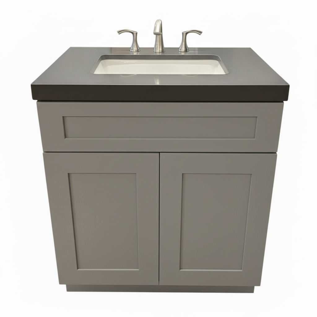 30" Cab-Tec White Vanity Set with Grey Fairmont Quartz Top and Danze Brushed Nickel Faucet