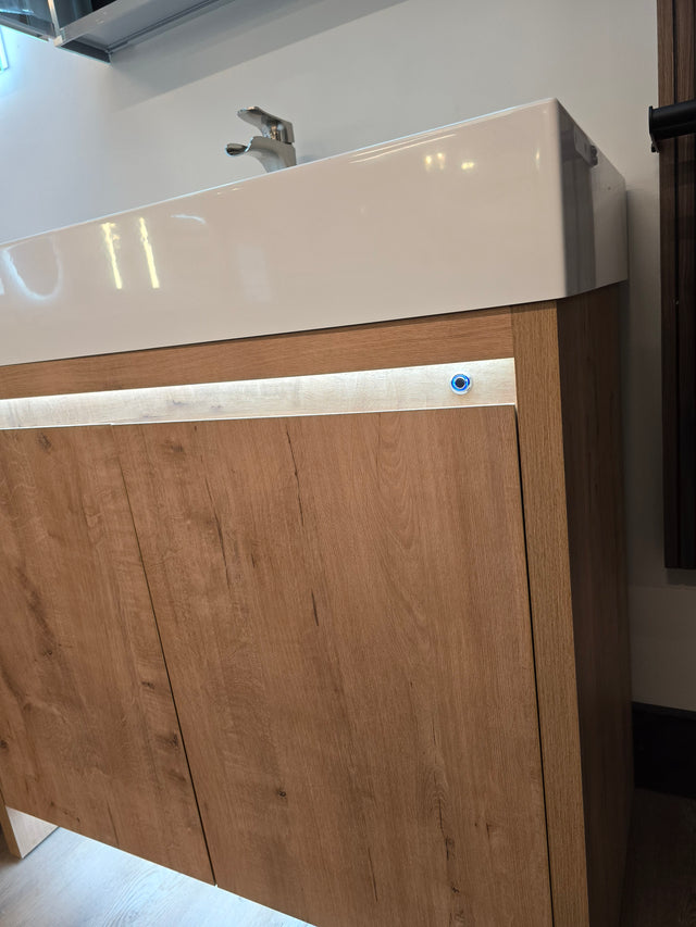 36" Capri Classic Oak Vanity with an Acrylic Basin, Waterfall Faucet, and an Asta 30" LED Mirror Medicine Cabinet