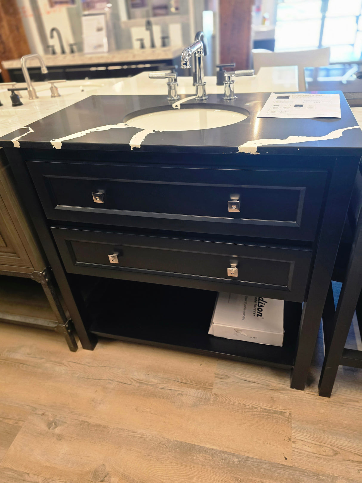 36" Adler Vanity in Black  Quartz Countertop & Avallon Chrome Faucet
