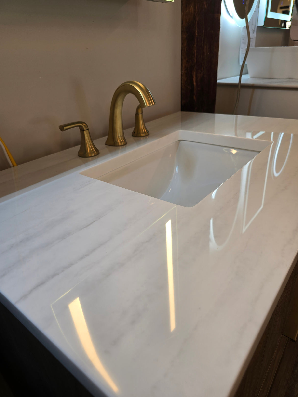 36" Ash Wood Vanity Set with Silestone Quartz Vanity Top and Pfister Brushed Gold Faucet