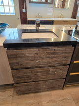 30" Dark, Natural Wood Vanity Set with Black Granite Top and Brushed Nickel Waterfall Faucet