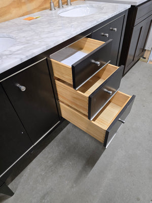 60" Black Double Bowl Vanity with Marble Top and Brushed Nickel Faucets