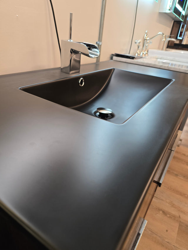36" Hanover Vanity - Cali Walnut, with Matte Black Ceramic Counter-Top, Waterfall Faucet, and Mirror