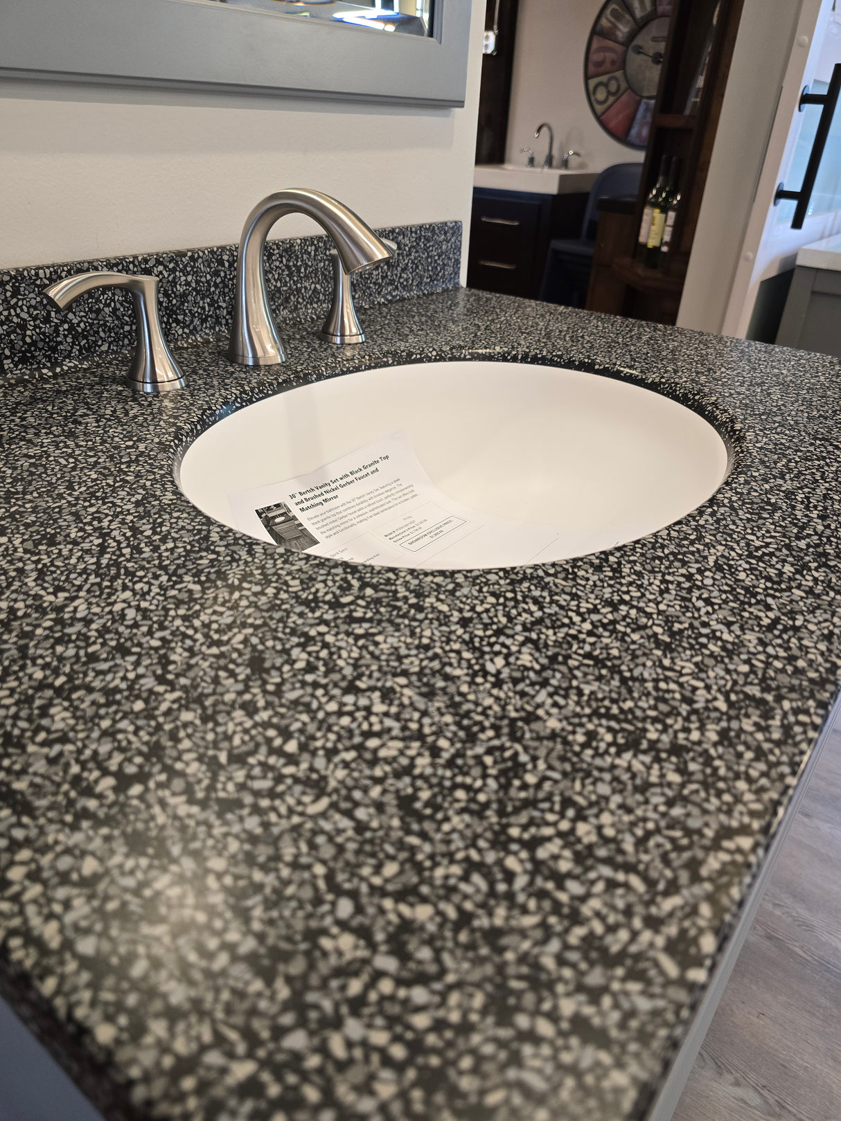 30" Bertch Vanity Set with Black Granite Top and Brushed Nickel Gerber Faucet and Matching Mirror