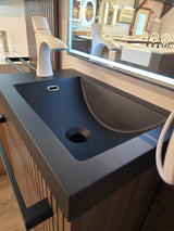 20" Rimini Maple Strip Floating Vanity Set with 14" x 72" matching Wall Panel and a Stellar 18" LED Mirror with Matte Black Frame