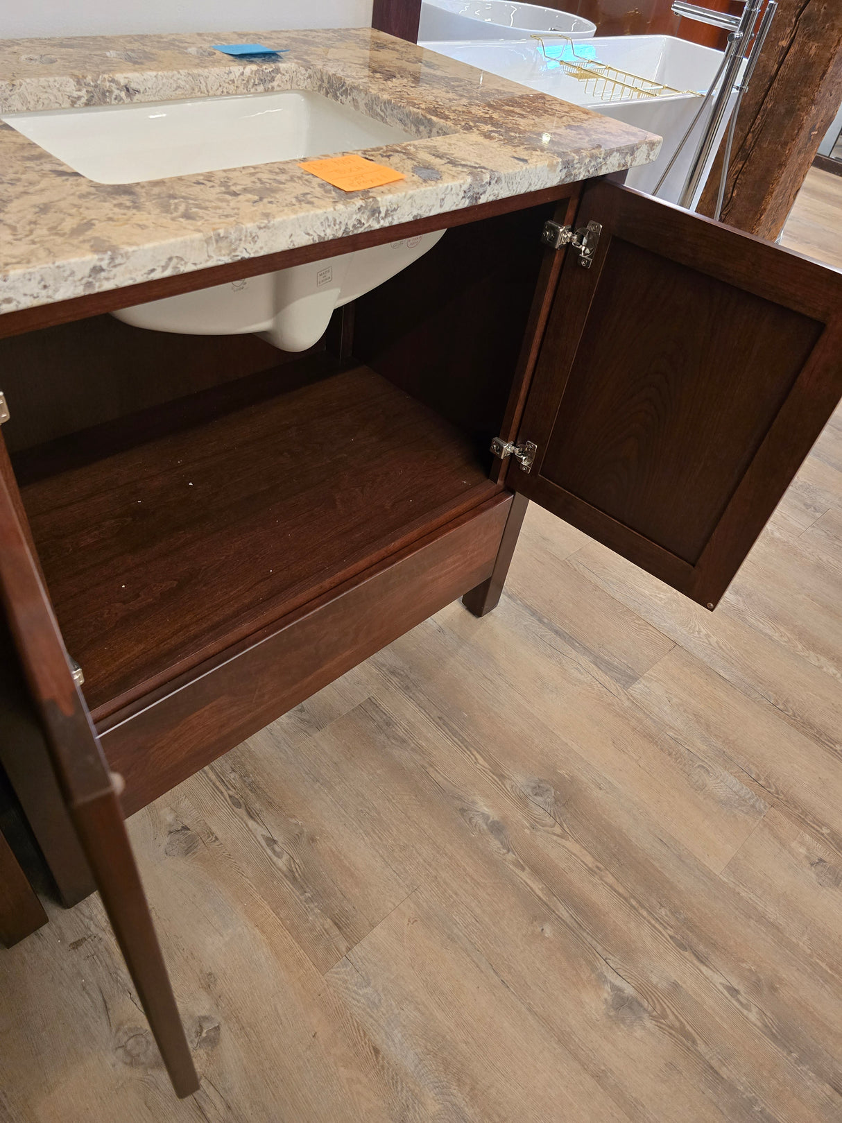 36" Bertch Cherry Vanity with Orion White Granite Top and 18" Linen Tower with Matching Mirror