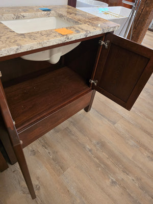 36" Bertch Cherry Vanity with Orion White Granite Top and 18" Linen Tower with Matching Mirror