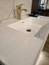 36" Capri Classic Oak Vanity with an Acrylic Basin, Brushed Gold Pfister Faucet, and an *Optional* LED Mirror