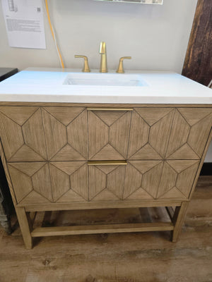 36" Ash Wood Vanity Set with Silestone Quartz Vanity Top and Pfister Brushed Gold Faucet