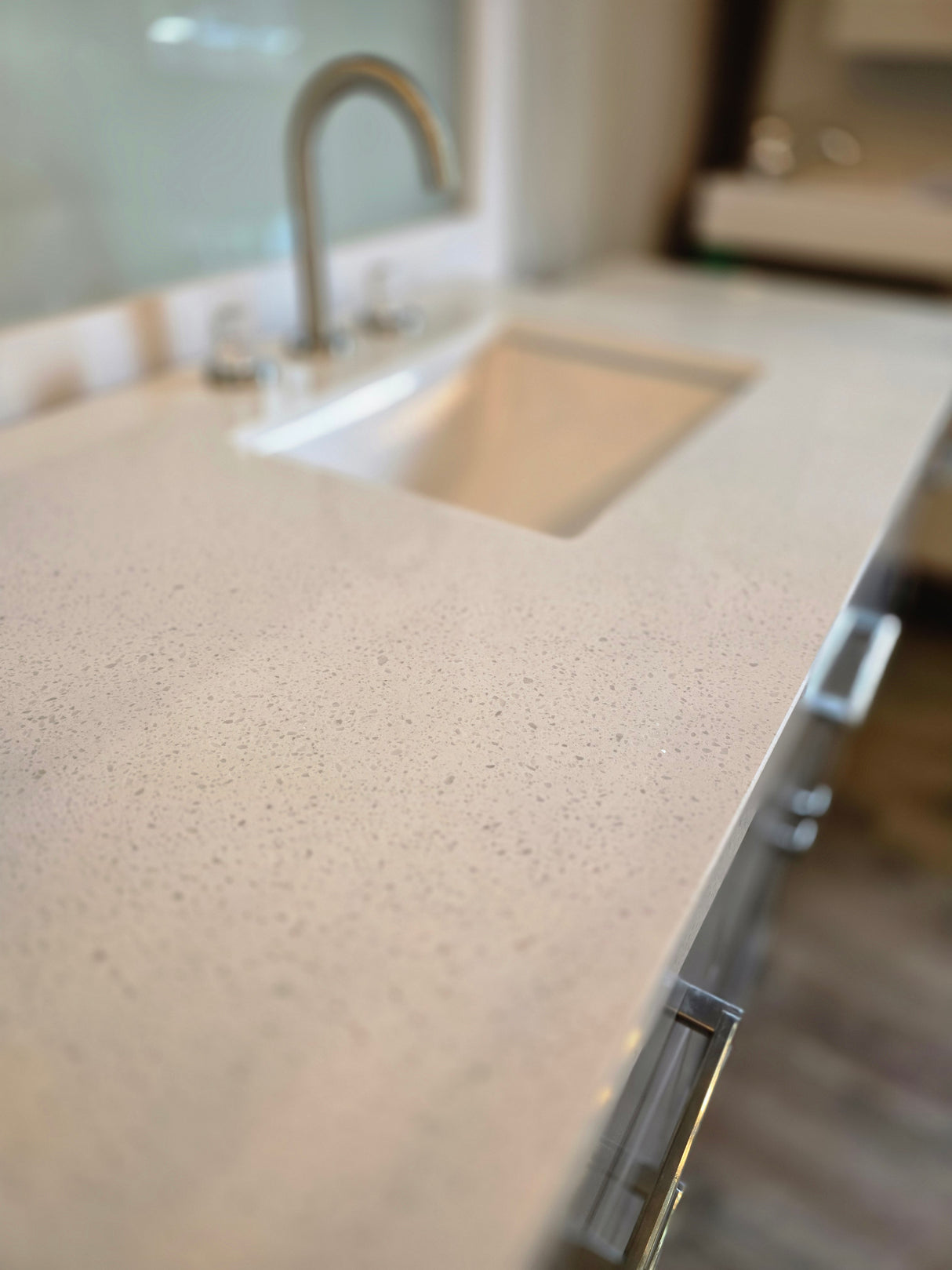 57" Grey Split Vanity Set with Dazzle White Quartz Top and Brushed Nickel Widespread Faucet