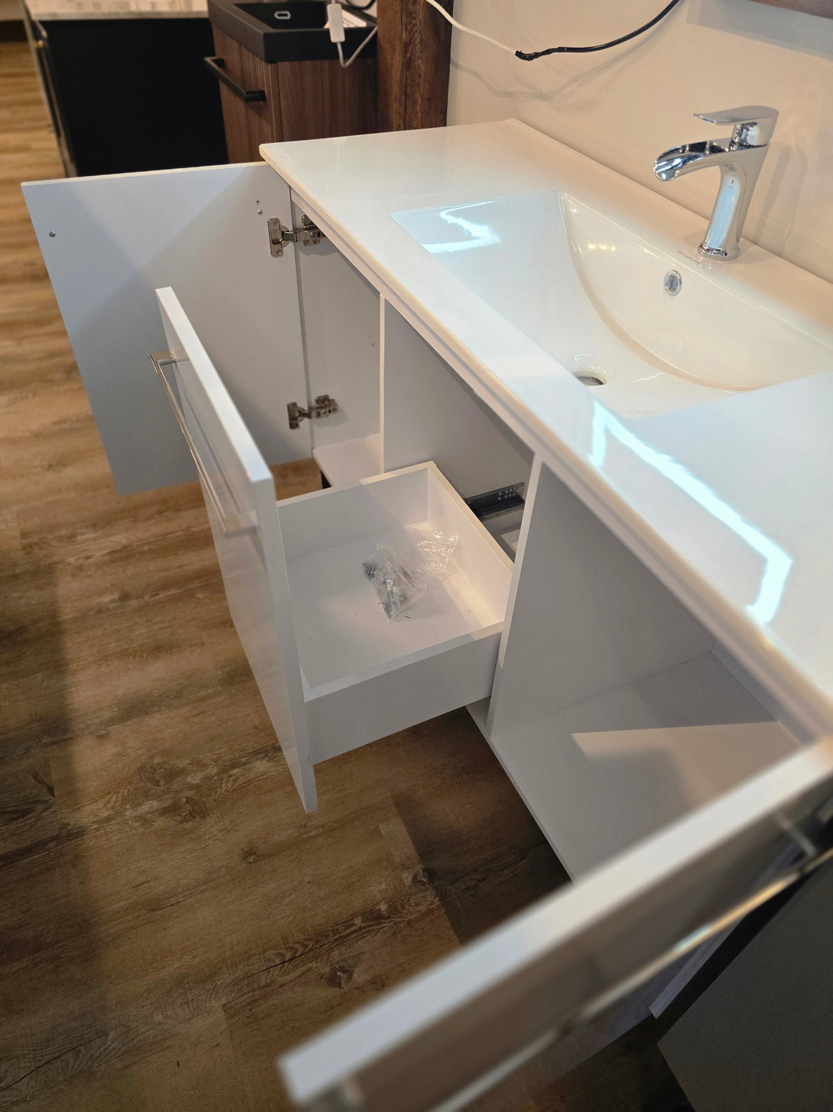 48" Annecy Bathroom Vanity  White Finish, Sink Top + Chrome Waterfall Faucet