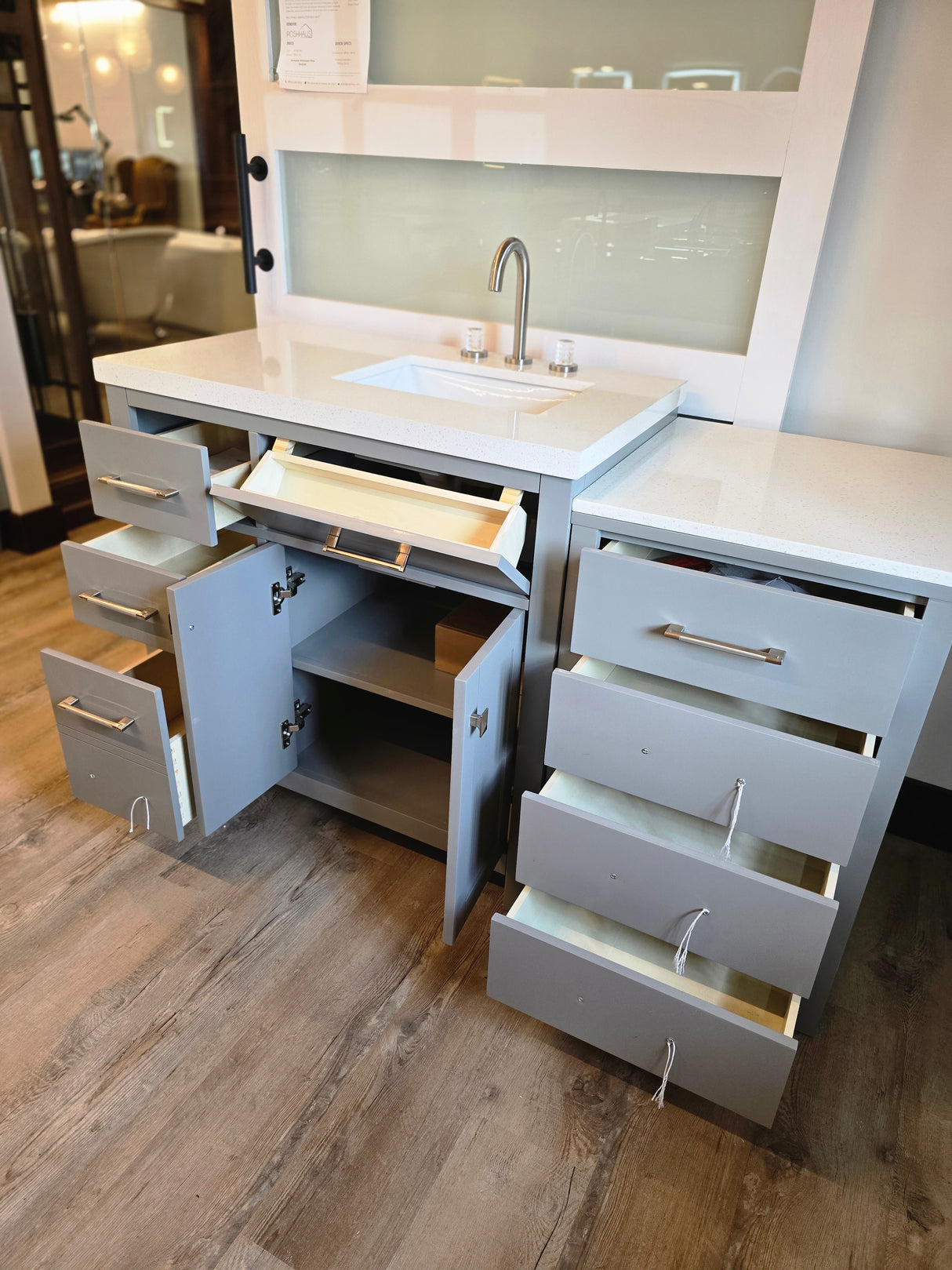 57" Grey Split Vanity Set with Dazzle White Quartz Top and Brushed Nickel Widespread Faucet