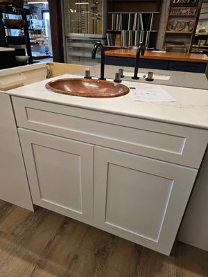 36" Cab-Tec Shaker White with Thinscape Top and Copper Sink with Black Faucet