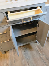 57" Grey Split Vanity Set with Dazzle White Quartz Top and Brushed Nickel Widespread Faucet