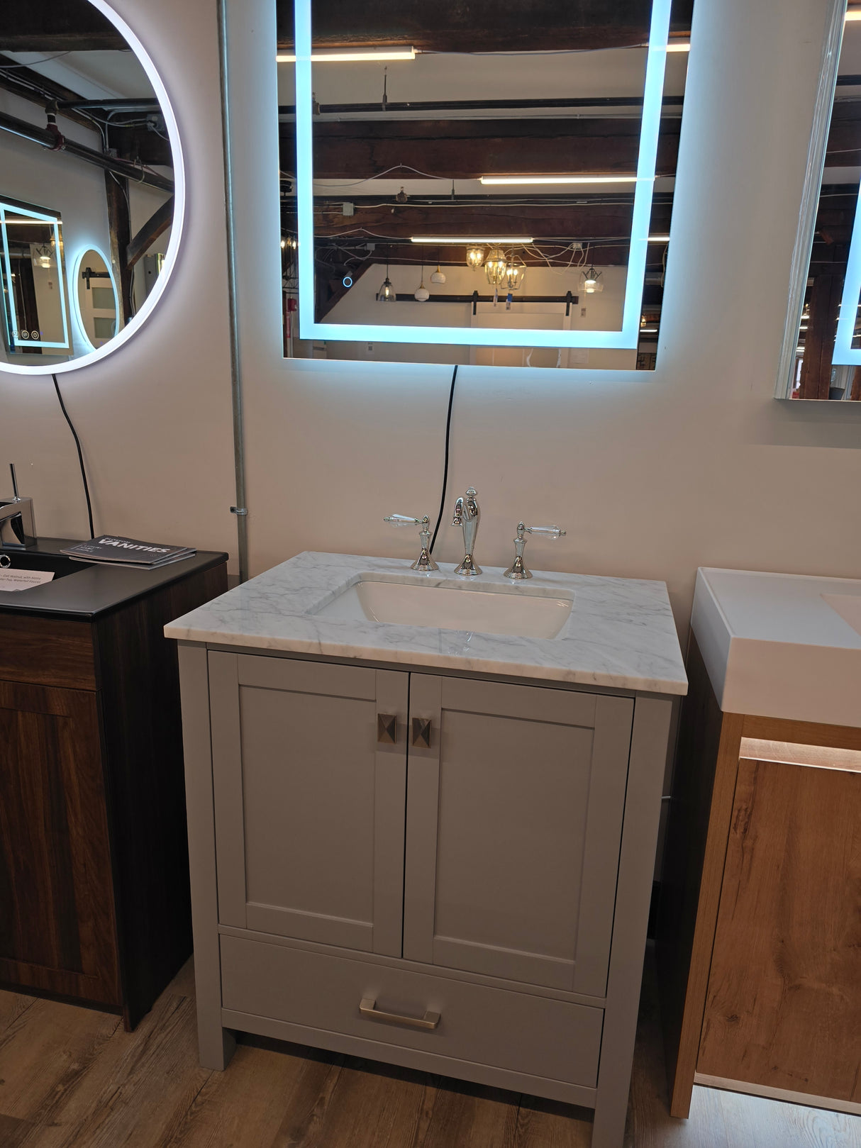 31" Geneva Metal Grey Vanity with White Carrara Marble Counter-Top, *Optional* Lyra LED Mirror, and a Danze Brushed Nickel Faucet