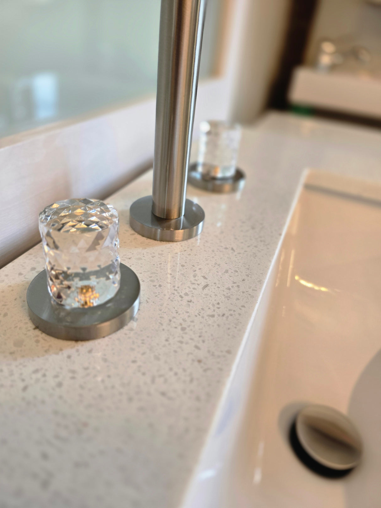 57" Grey Split Vanity Set with Dazzle White Quartz Top and Brushed Nickel Widespread Faucet