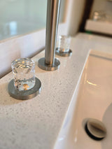 57" Grey Split Vanity Set with Dazzle White Quartz Top and Brushed Nickel Widespread Faucet