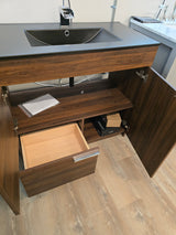 36" Hanover Vanity - Cali Walnut, with Matte Black Ceramic Counter-Top, Waterfall Faucet, and Mirror