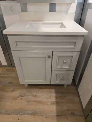 30" Light Grey Bertch Vanity with Quartz Top and Matching Medicine Cabinet