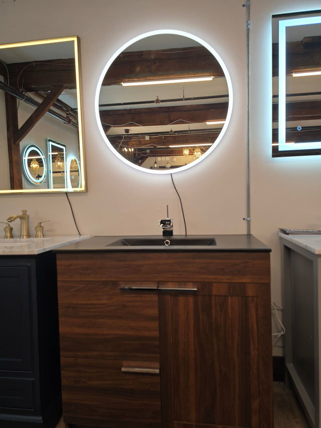 36" Hanover Vanity - Cali Walnut, with Matte Black Ceramic Counter-Top, Waterfall Faucet, and Mirror