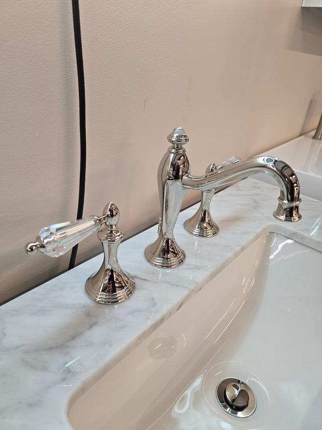 31" Geneva Metal Grey Vanity with White Carrara Marble Counter-Top, Lyra LED Mirror, and Swarovski Crystal and Chrome Faucet